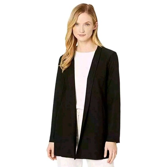Eileen Fisher Washable Stretch Crepe Long Jacket Open Shawl Cardigan Sz M Black - Picture 1 of 9